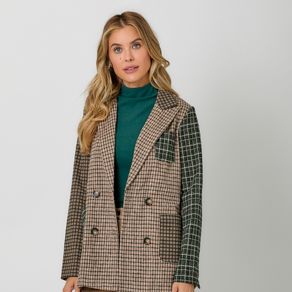 Mixed Plaid Double Breast Blazer