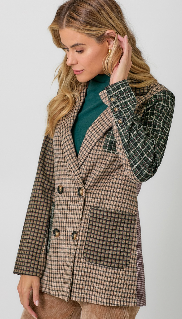 Mixed Plaid Double Breast Blazer