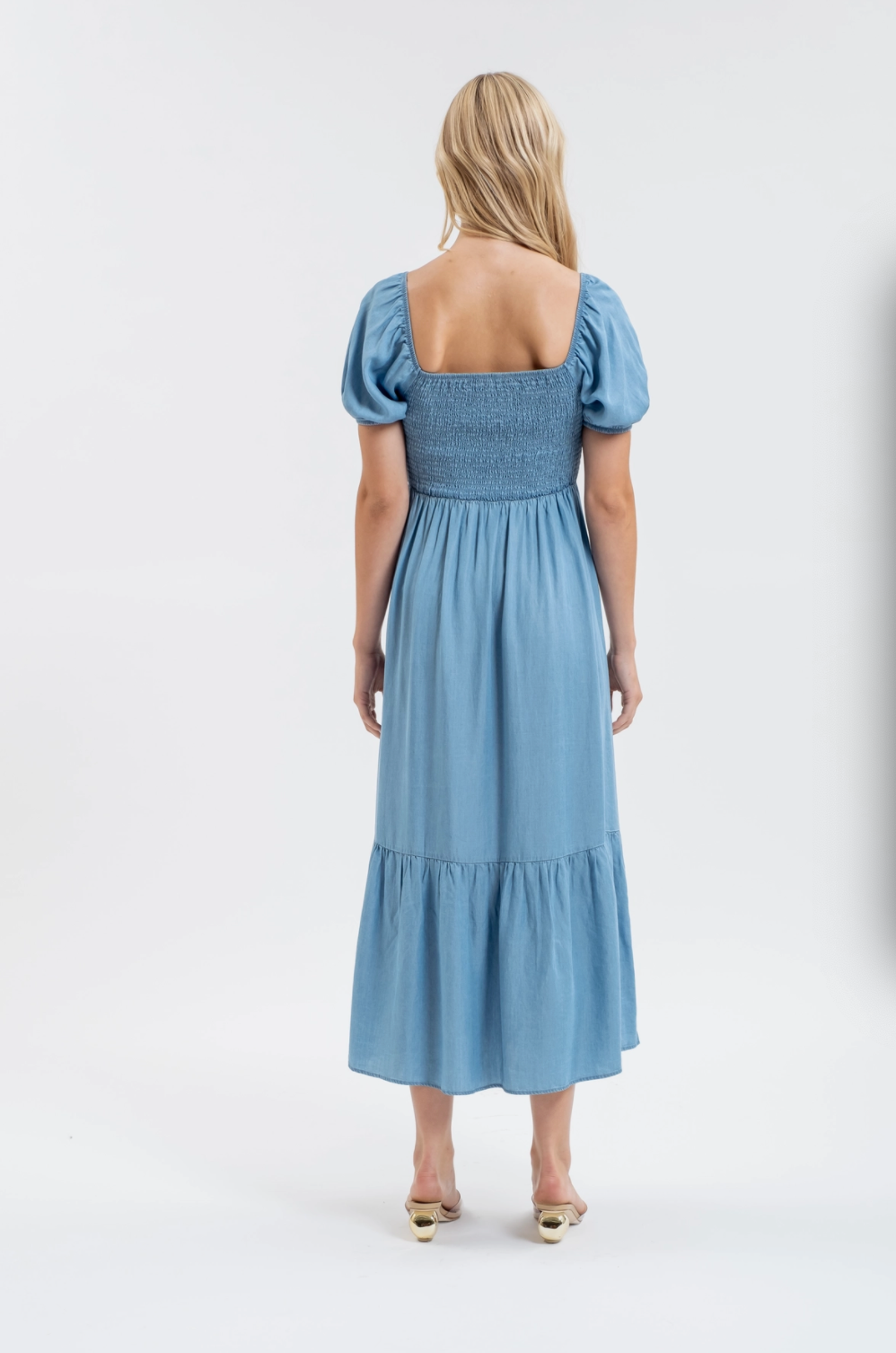 Smocked Chambray Puff Sleeve Midi Dress