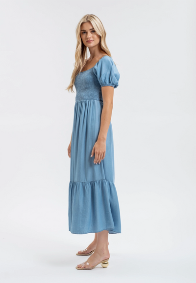 Smocked Chambray Puff Sleeve Midi Dress