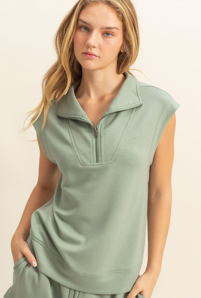 Mock Neck Half Zip Up Sleeveless Top