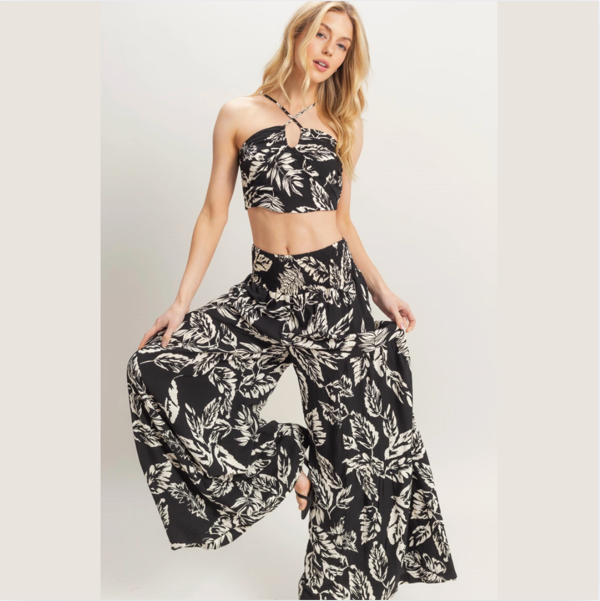 Leaf Halter Top and Smocked Pants Set