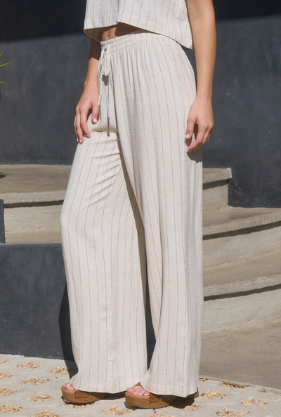 Drawstring Pinstripe Wide Leg Linen Pants