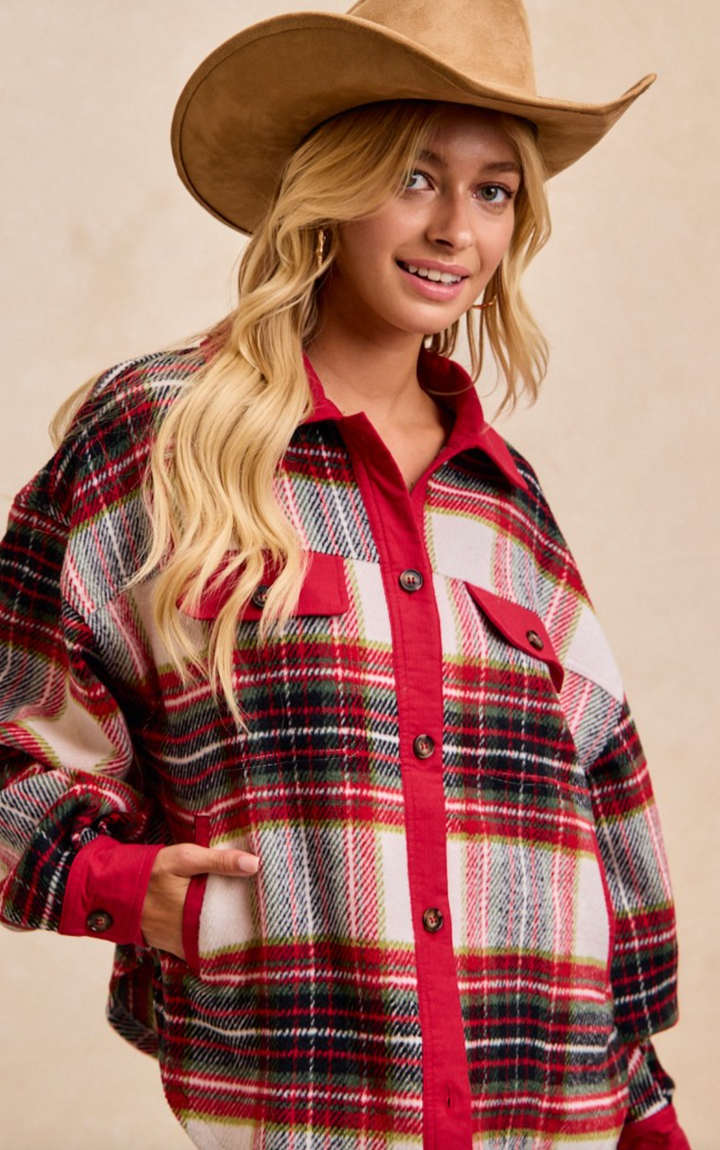 Brushed Plaid Oversized Shacket With Side Pockets