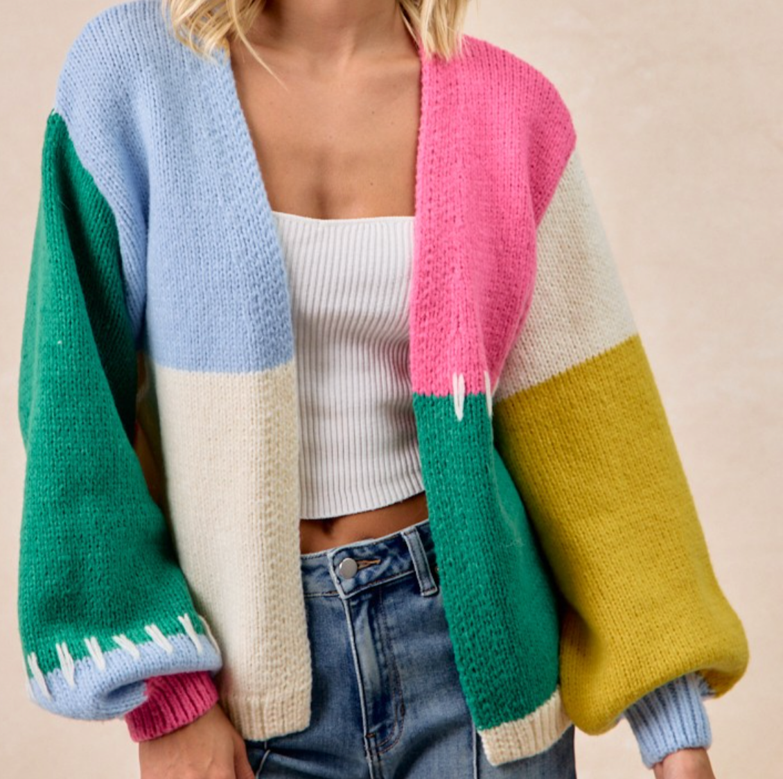 Color Block Sweater Open Cardigan