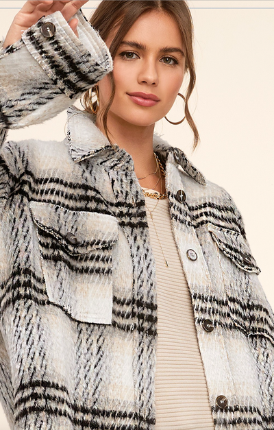 Check Patterned Raw Edge Jacket With Front Pockets