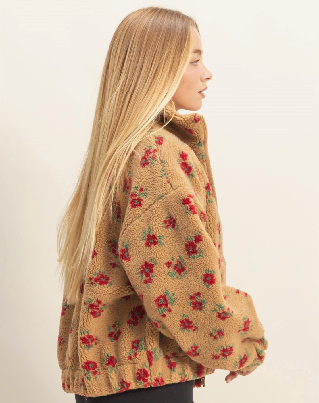 Comfy Floral Print Sherpa Zip-Up Jacket