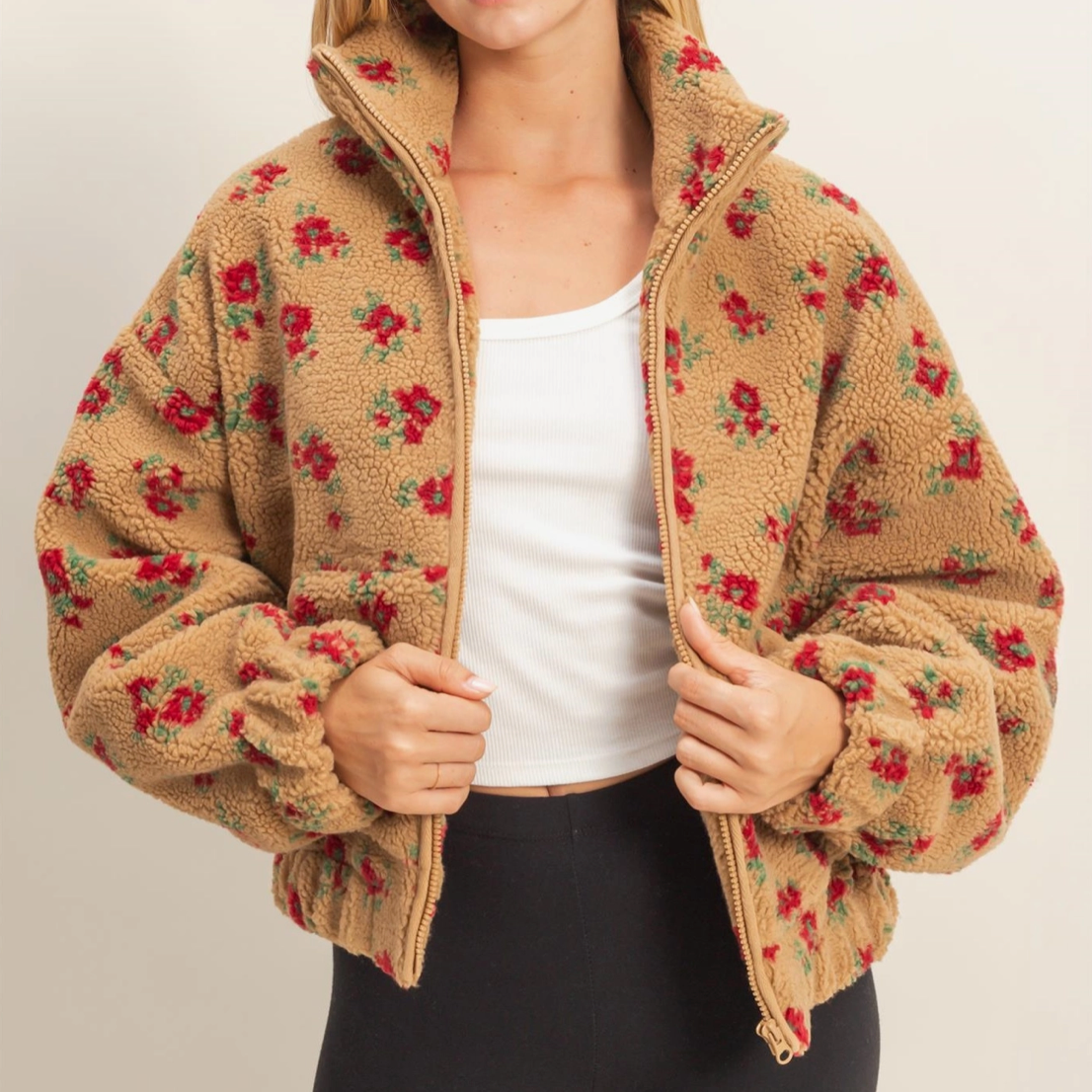 Comfy Floral Print Sherpa Zip-Up Jacket