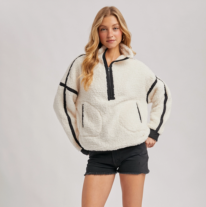 Half Zip Contrast Sherpa Fleece Top with Pockets
