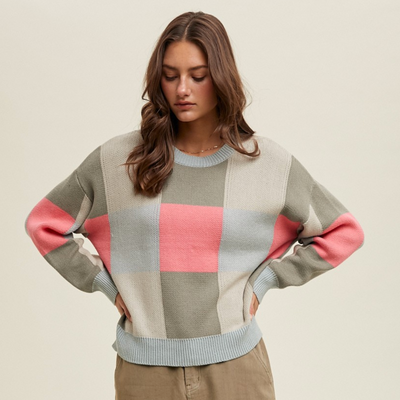 Checkered Sweater in Dove/Punch