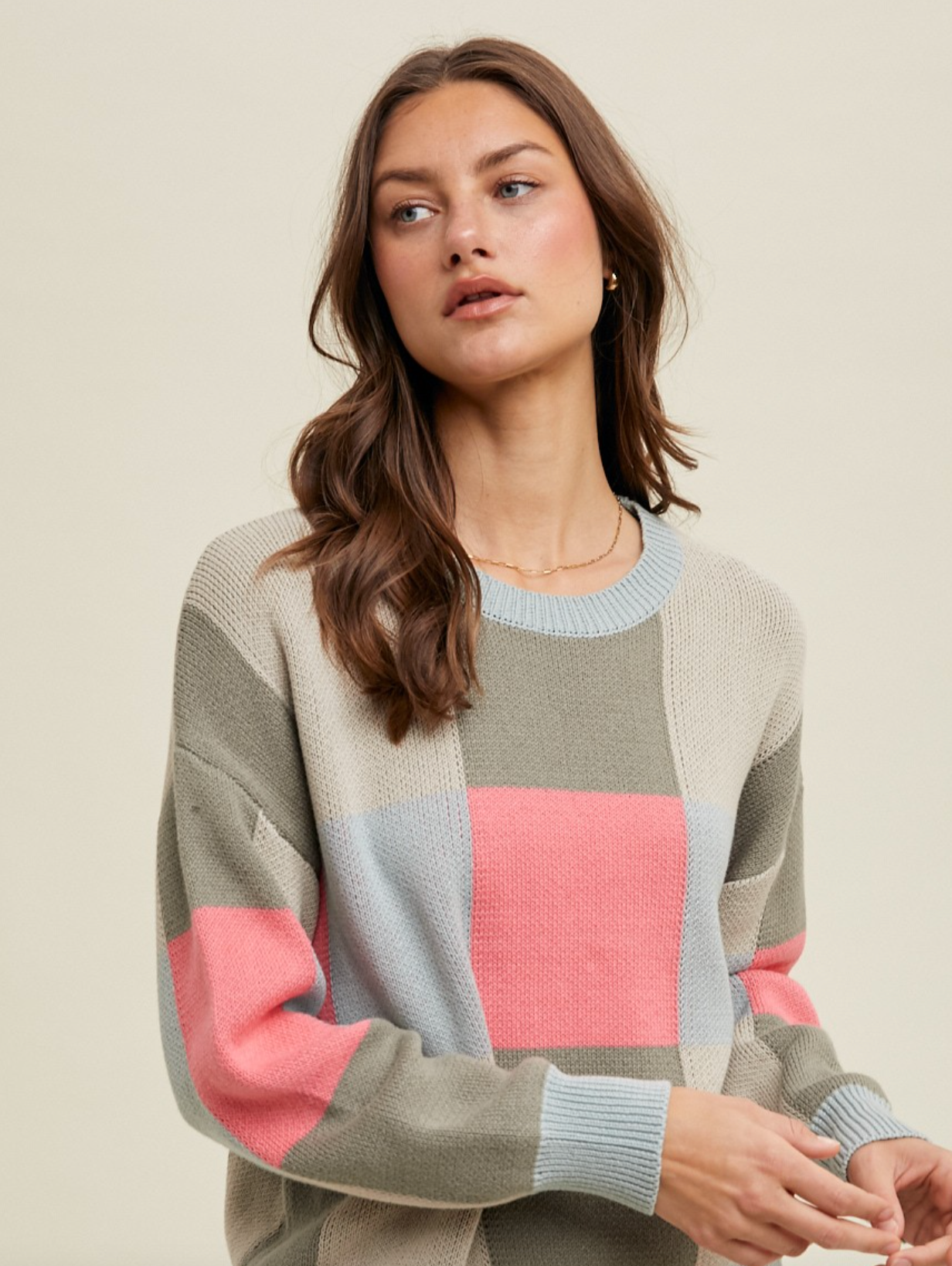 Checkered Sweater in Dove/Punch