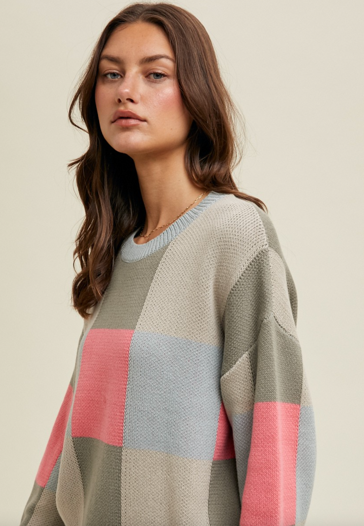 Checkered Sweater in Dove/Punch